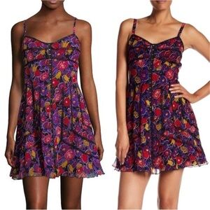 Anna Sui Dress Mini 100% Silk Spaghetti Strap Lace Trim Floral Multi 12 NWT New